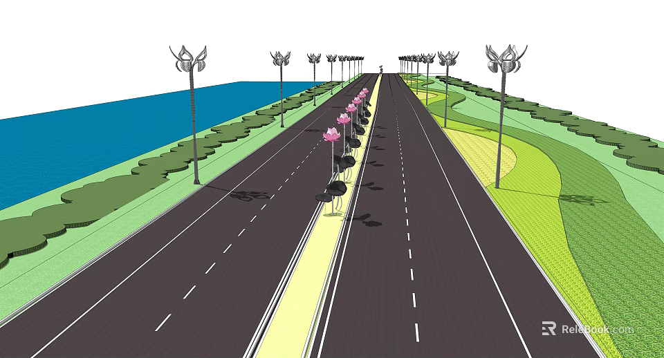 Scenic Municipal Road With Street Lamps Green Belts And Waterfront View 3d model 