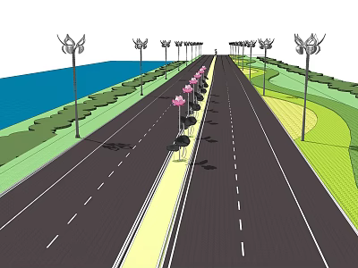 Scenic Municipal Road With Street Lamps Green Belts And Waterfront View 3d model