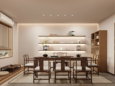 Traditional Style Tea Room Interior With Wooden Furniture And Shelves 3d model