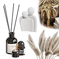 Elegant Decorative Ornament Set With Feather Vase Golden Sculpture Candles Black Tray And Golden Trim
