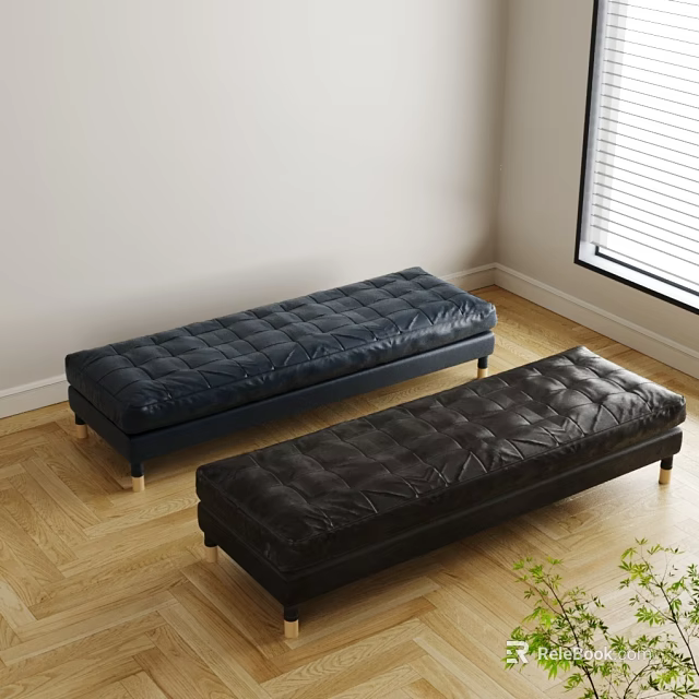 Two Modern Tufted Leather Sofa Benches With Metal Legs On Wooden Floor 3d model 