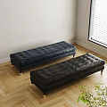 Two Modern Tufted Leather Sofa Benches With Metal Legs On Wooden Floor