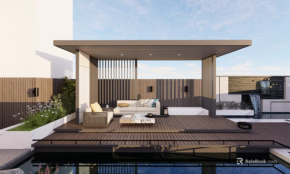 Modern Detached Villa Covered Terrace With Wooden Deck Sofa Coffee Table And Water Feature 3d model 