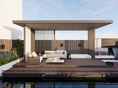 Modern Detached Villa Covered Terrace With Wooden Deck Sofa Coffee Table And Water Feature 3d model