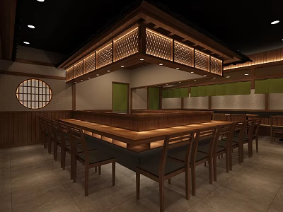 Japanese Restaurant Interior With Wooden Structure Long Dining Table And Circular Lattice Window 3d model