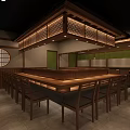 Japanese Restaurant Interior With Wooden Structure Long Dining Table And Circular Lattice Window
