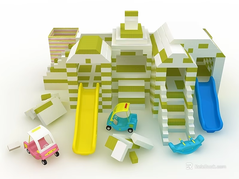 Kids Colorful Building Blocks Play Structure With Slides And Toy Cars 3d model 
