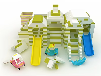 Kids Colorful Building Blocks Play Structure With Slides And Toy Cars 3d model