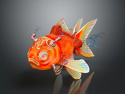 Red Fish Shaped Decorative Ornament Set With Artistic Horns Intricate Patterns And Vibrant Design 3d model