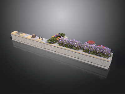 Long Concrete Landscape Planter With Purple Flowers Green Plants And Decorative Items 3d model