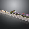 Long Concrete Landscape Planter With Purple Flowers Green Plants And Decorative Items