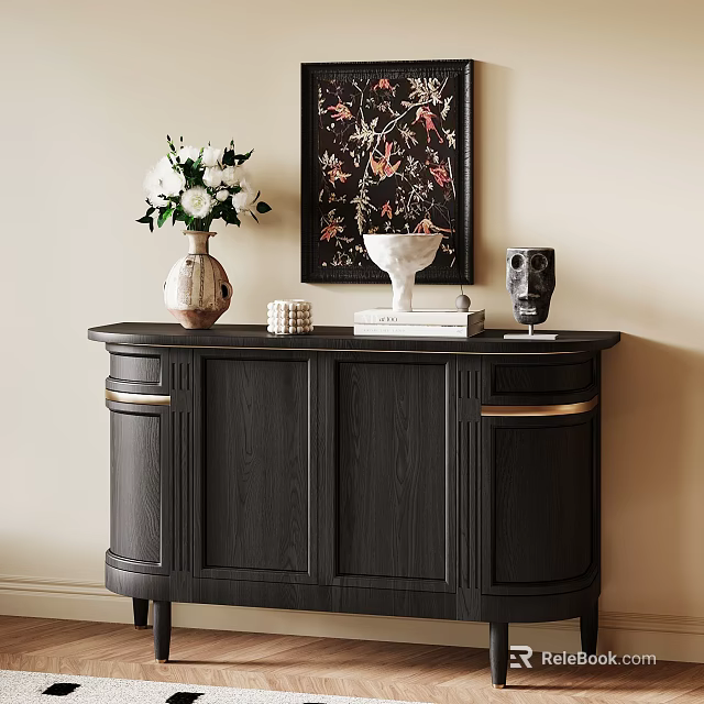 Dark Wood Console Table with White Flower Vase Bowl Books Gold Accents and Wall Art 3d model 