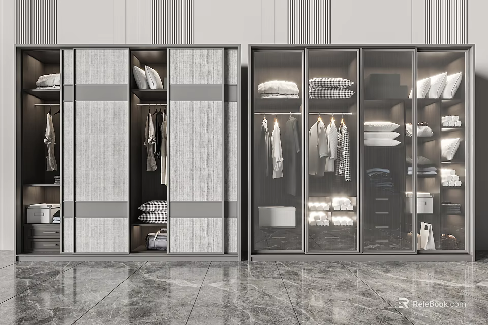 Modern Sliding Door Wardrobe Featuring Glass Panels Hanging Clothes And Organized Storage 3d model 