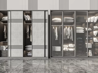 Modern Sliding Door Wardrobe Featuring Glass Panels Hanging Clothes And Organized Storage 3d model
