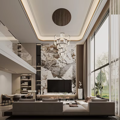 Modern Duplex Living Room Interior Design With Chandelier Marble Wall And Large Windows 3d model