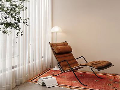 Modern Brown Lounge Chair With Black Metal Frame Near White Curtains Floor Lamp Red Rug 3d model