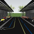 Outdoor Canopy Structure for Bicycle Scooter Parking with Colored Lines and Green Plants