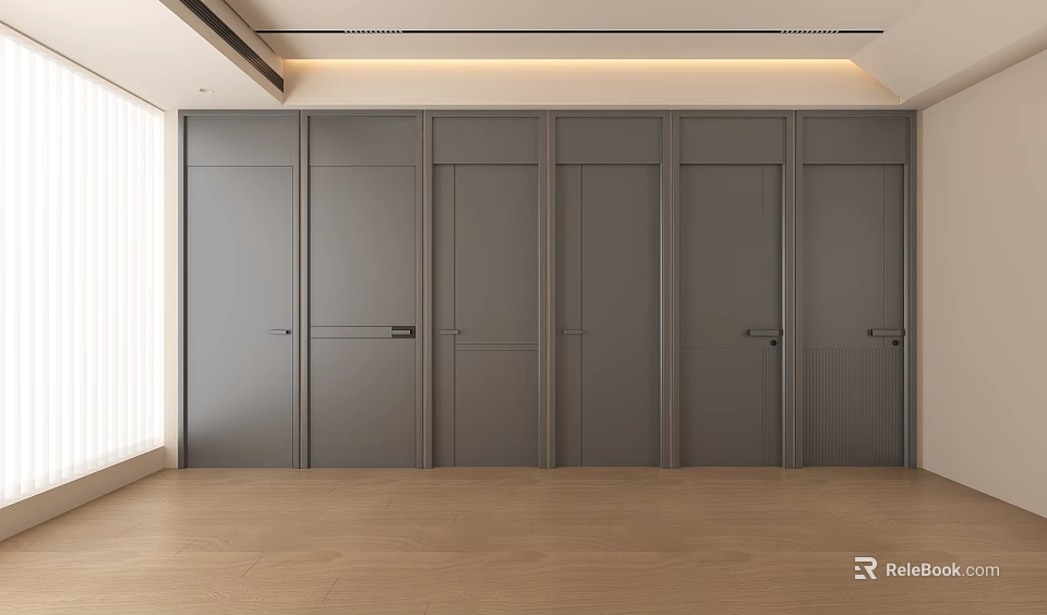 Modern Interior With Neatly Arranged Multiple Gray Hinged Doors And Wooden Flooring 3d model 