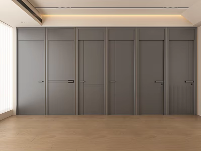 Modern Interior With Neatly Arranged Multiple Gray Hinged Doors And Wooden Flooring 3d model