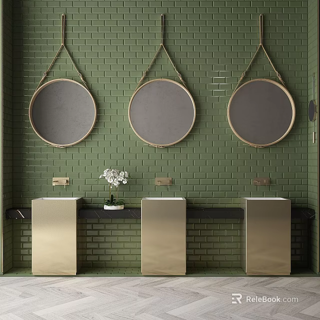 Elegant Luxury Kitchen Interior With Green Brick Wall Round Mirrors Golden Vanities And Black Countertop 3d model 