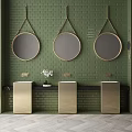 Elegant Luxury Kitchen Interior With Green Brick Wall Round Mirrors Golden Vanities And Black Countertop
