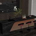 Modern Bar Counter With Black Countertop LED Lighting Red Stools Cabinets Coffee Machine Green Plant