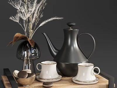 Elegant Modern Tea Set With Black Teapot White Teacups And Wooden Tray 3d model