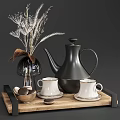 Elegant Modern Tea Set With Black Teapot White Teacups And Wooden Tray