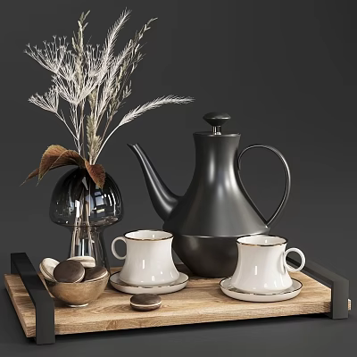 Elegant Modern Tea Set With Black Teapot White Teacups And Wooden Tray 3d model