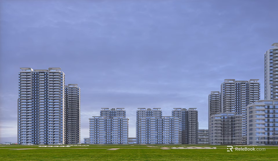 Modern High Rise Residential Buildings With Green Grassland And Blue Sky Background 3d model 