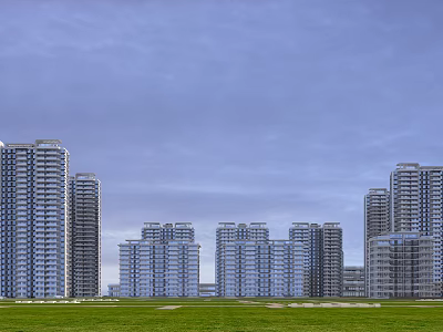 Modern High Rise Residential Buildings With Green Grassland And Blue Sky Background 3d model