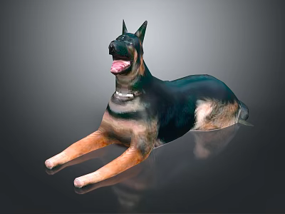 German Shepherd Dog Lying Down With Open Mouth And Collar On Gray Background 3d model