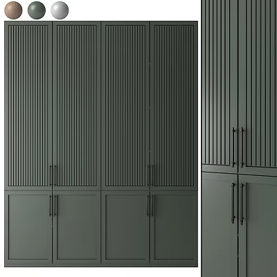 Modern Dark Green Double Door Wardrobe With Vertical Stripe Design And Metal Handles 3d model