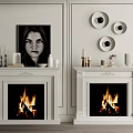 White Fireplaces With Burning Flames And Decorative Items Including Portrait And Circular Wall Art