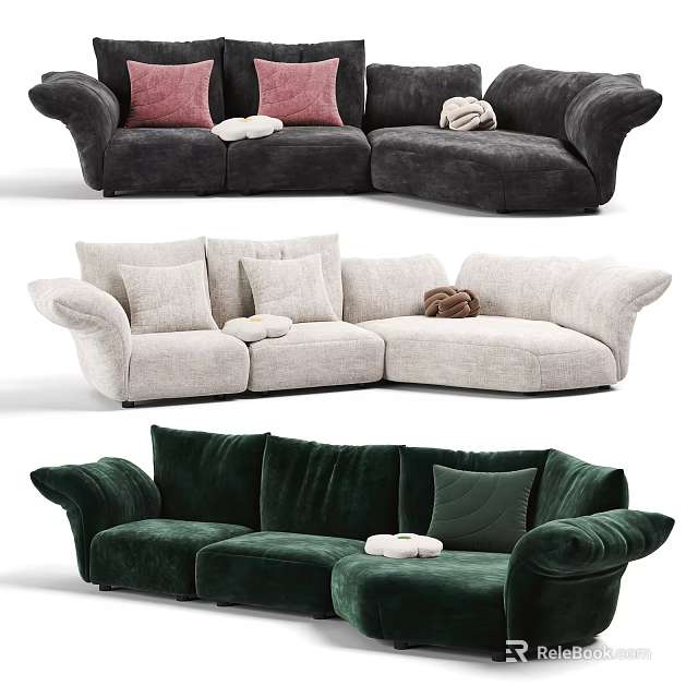 Plush Sectional Sofa with Curved Arms Decorative Pillows and Multicolor Upholstery 3d model 