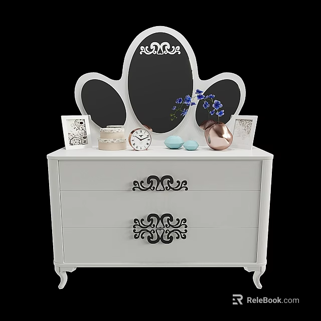 White Decorative Dresser With Oval Mirror Clock Vase And Photo Frames On Top 3d model 