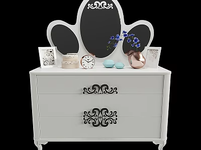 White Decorative Dresser With Oval Mirror Clock Vase And Photo Frames On Top 3d model