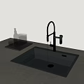 Modern Kitchen Faucet With Running Water Over Black Stainless Steel Sink And Glassware Tray