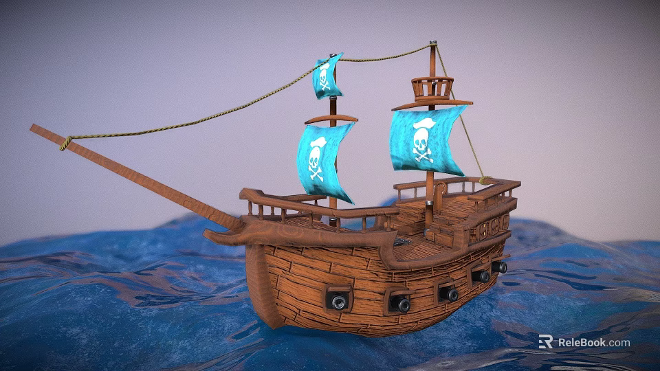 Wooden Pirate Ship With Blue Sails And Skull Emblem On Water Surface 3d model 