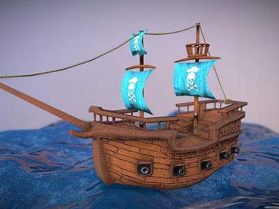 Wooden Pirate Ship With Blue Sails And Skull Emblem On Water Surface 3d model