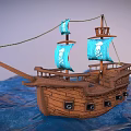 Wooden Pirate Ship With Blue Sails And Skull Emblem On Water Surface