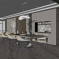 Modern Luxury Open Restaurant Interior With Marble Dining Table Grey Chairs Pendant Light Feature Wall 3d model