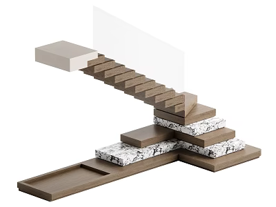 Modern Staircase Design Featuring Wooden Steps And Marble Textured Platforms 3d model