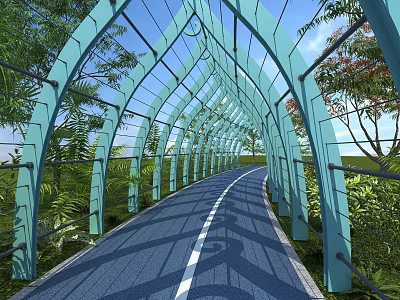 Scenic Turquoise Arched Pergola With Blue Pathway And Lush Greenery Railings 3d model