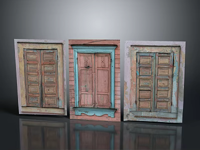 Vintage Architectural Wooden Doors With Central Pink Frame Blue Panel And Side Yellow Green Frames 3d model