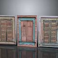 Vintage Architectural Wooden Doors With Central Pink Frame Blue Panel And Side Yellow Green Frames
