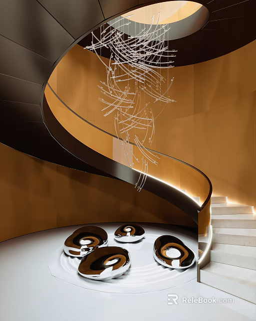 Modern Spiral Staircase With Black Orange Handrail Artistic Chandelier Circular Decorations And Lit Steps 3d model 