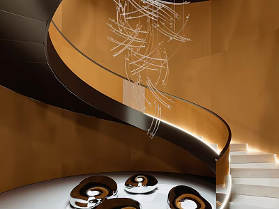 Modern Spiral Staircase With Black Orange Handrail Artistic Chandelier Circular Decorations And Lit Steps 3d model