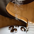 Modern Spiral Staircase With Black Orange Handrail Artistic Chandelier Circular Decorations And Lit Steps