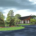 Rural Folklore Guesthouse Buildings in Resort Setting With Traditional Roofs Pond And Greenery